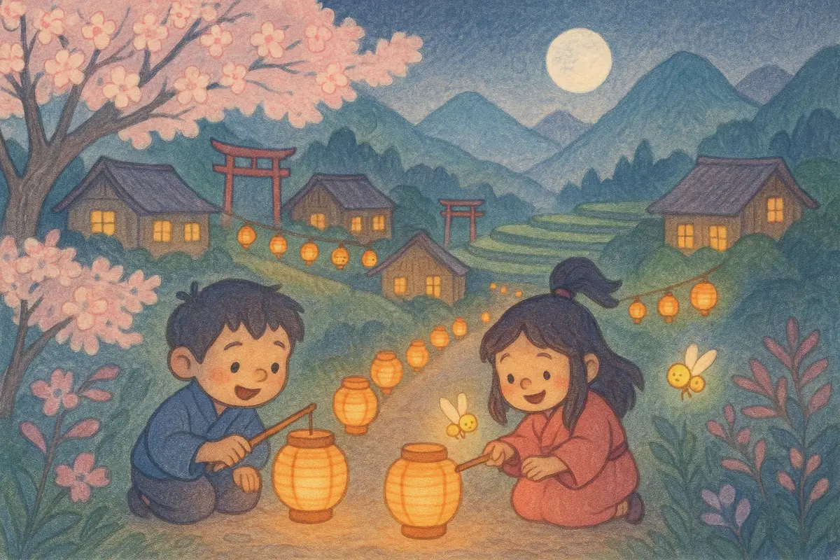 Two small heroes lighting a winding row of paper lanterns along a village path at night, each glowing warm gold as a firefly spirit settles in.
