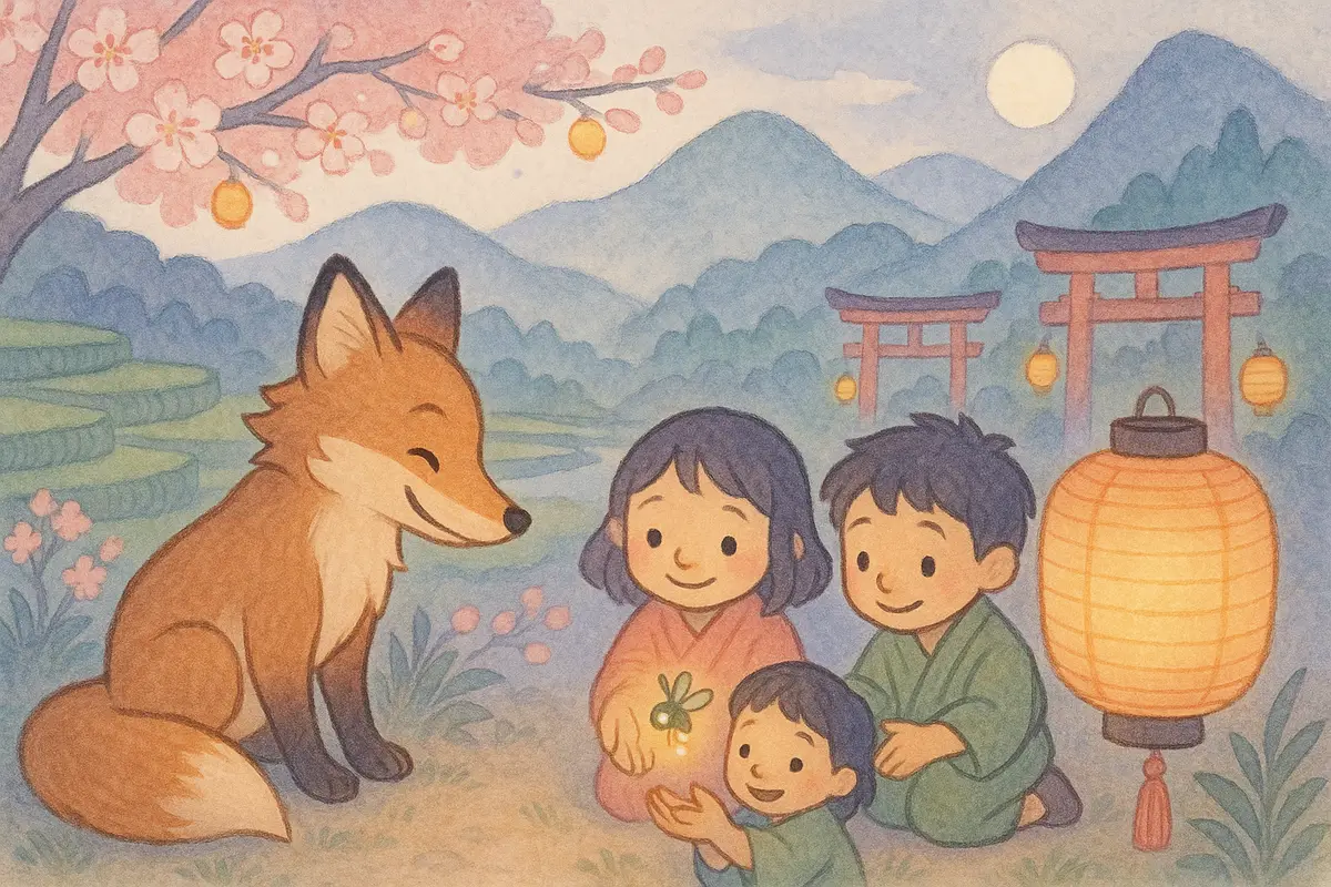 A friendly fox and two small heroes gently coaxing the shyest firefly spirit toward a great unlit festival lantern.