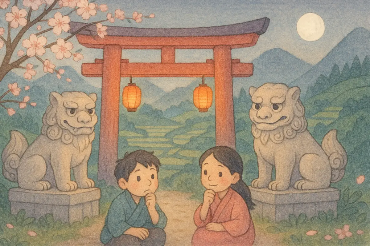 Two heroes thinking before a tall red torii gate guarded by two friendly stone lion-dogs with kind faces, blossom and moonlight around.