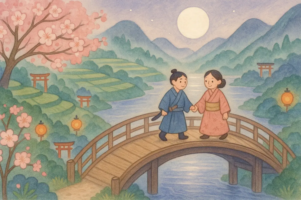 Two heroes crossing a gracefully arched wooden bridge over a wide river silver in the moonlight, stepping gently together.