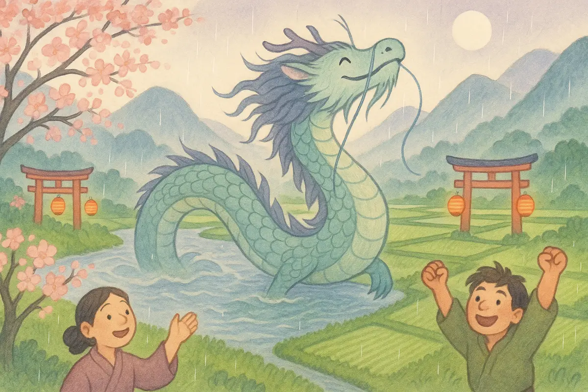 A great gentle river dragon awake and rising into a dawn sky as soft rain falls, the river brimming and green rice fields drinking, two heroes cheering below.