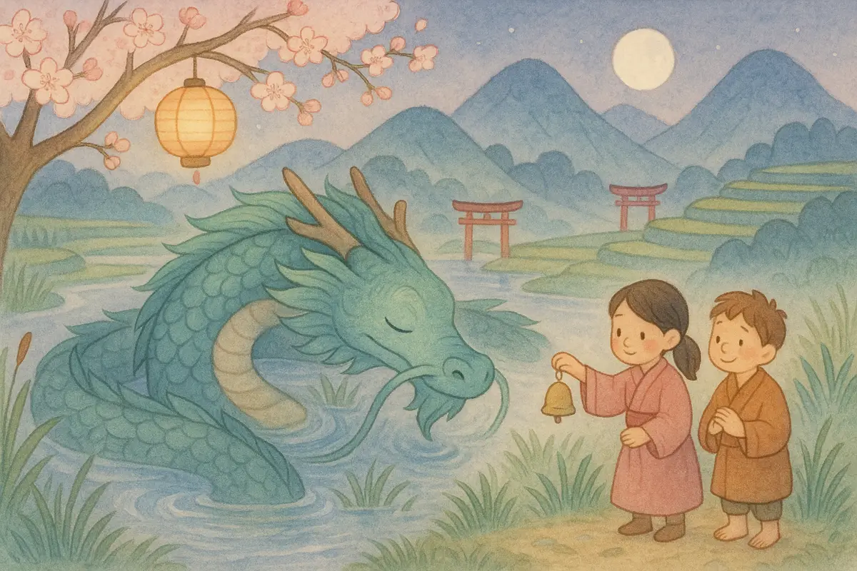 Two heroes gently ringing a little bell beside a great gentle river dragon curled asleep among misty water, beginning to stir.