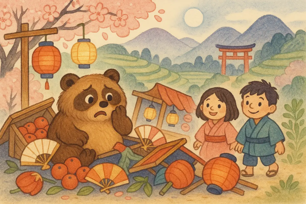 A jolly round tanuki looking worried among toppled festival stalls with fruit, fans and lanterns jumbled together, two small heroes arriving.