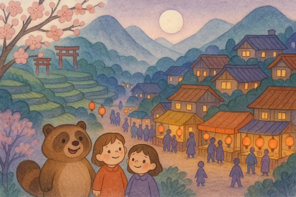 A tidy festival market all set right at dusk, neat stalls and glowing lanterns, a happy tanuki and two small heroes admiring it together.
