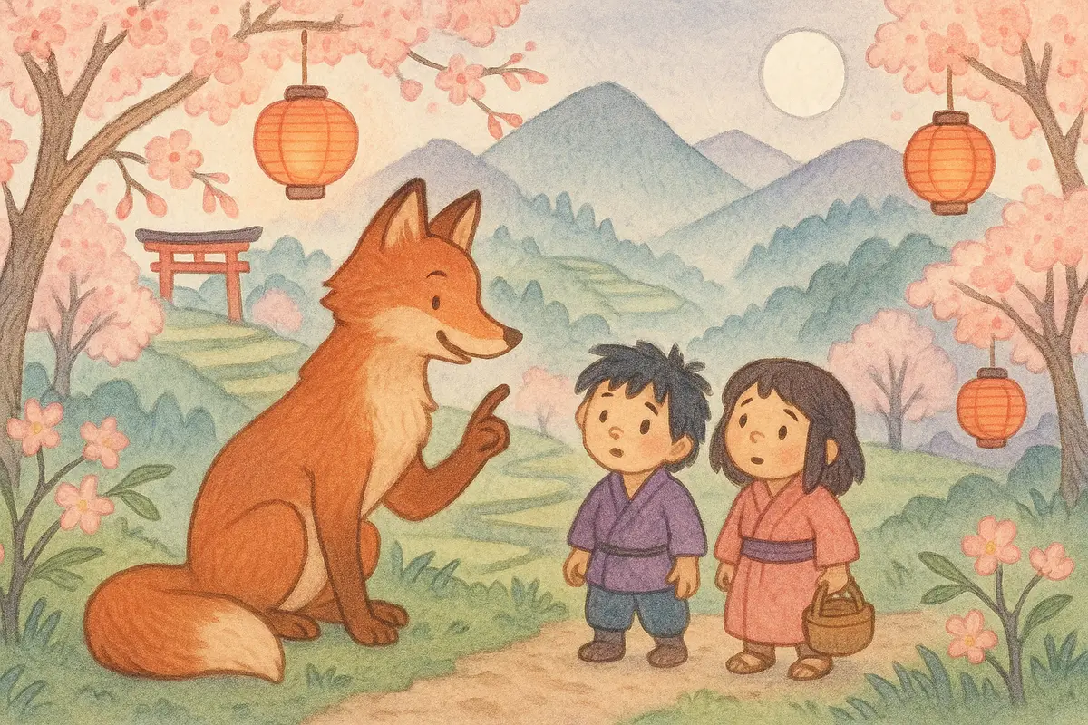 A friendly fox offering a clue to two small heroes searching for one last lost festival lantern among blossom trees.
