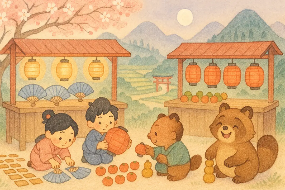 Two small heroes and a happy tanuki sorting festival goods back into the right stalls, counting fans and fruit and lanterns into neat rows.
