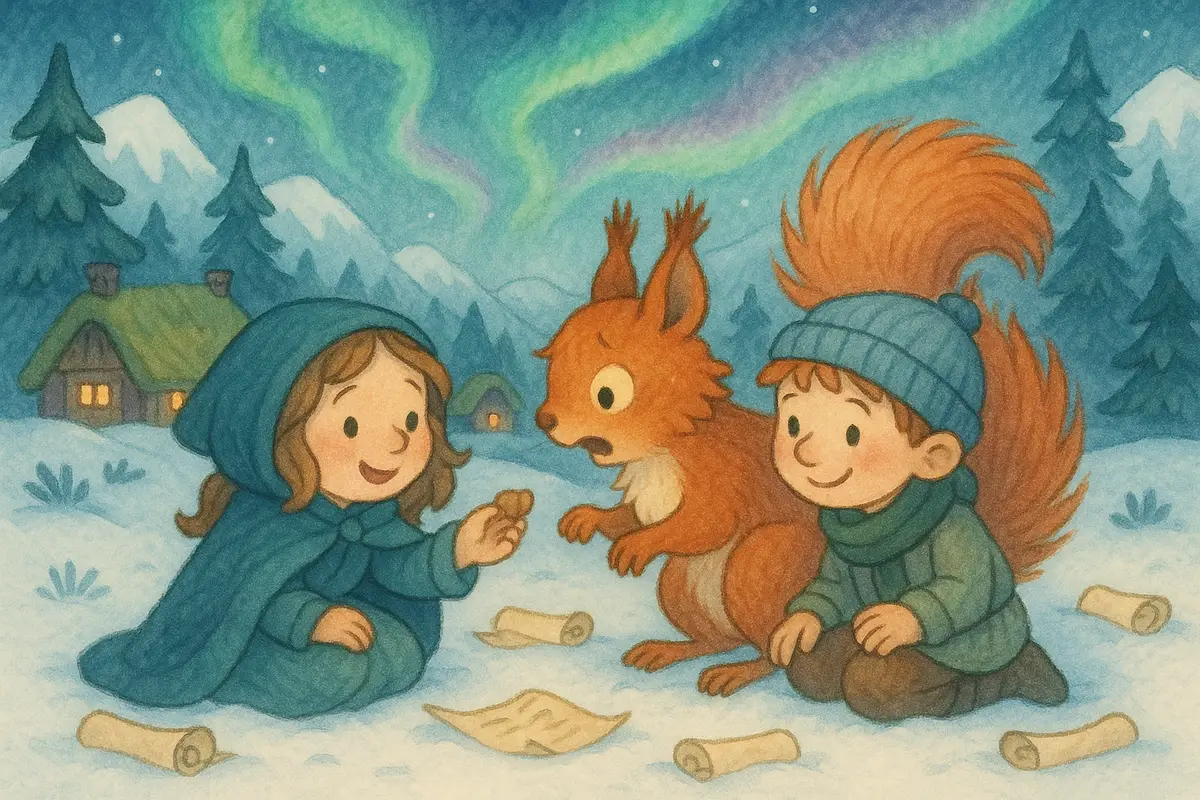 Two small heroes gently coaxing a flustered red squirrel to stop, holding out a snack, message scrolls scattered in the snow.