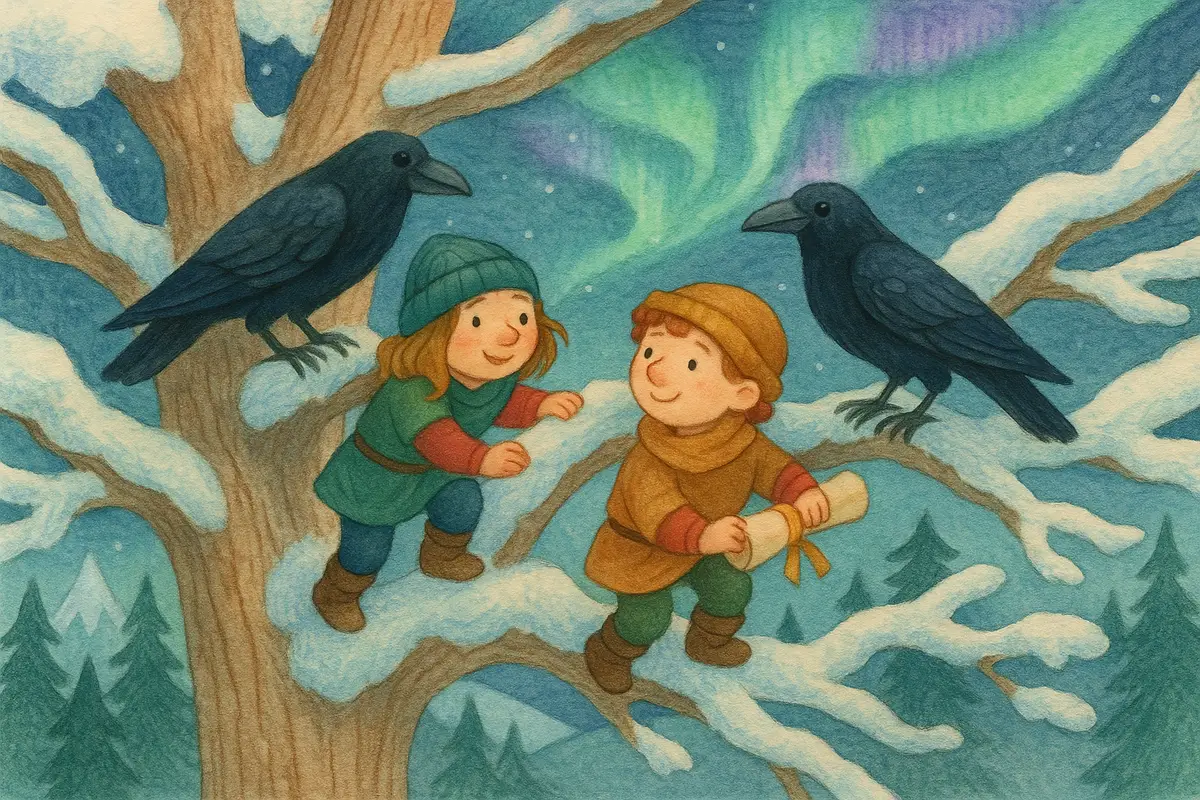 Two small heroes climbing the snowy branches of the great world tree to deliver a scroll, two friendly ravens guiding the way.