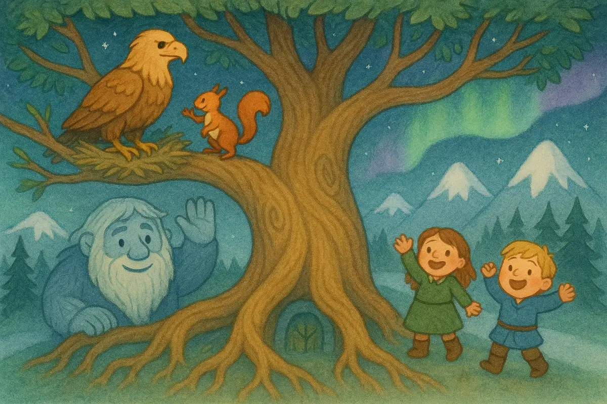 A great eagle high in the world tree and a small friend among the roots, reconciled and waving, a happy squirrel between them and two heroes cheering.