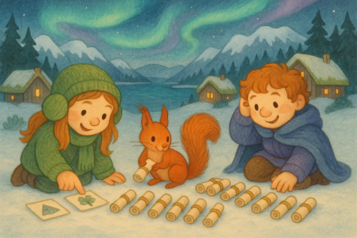 Two small heroes and a red squirrel sorting little message scrolls laid out on the snow, matching each to a picture.