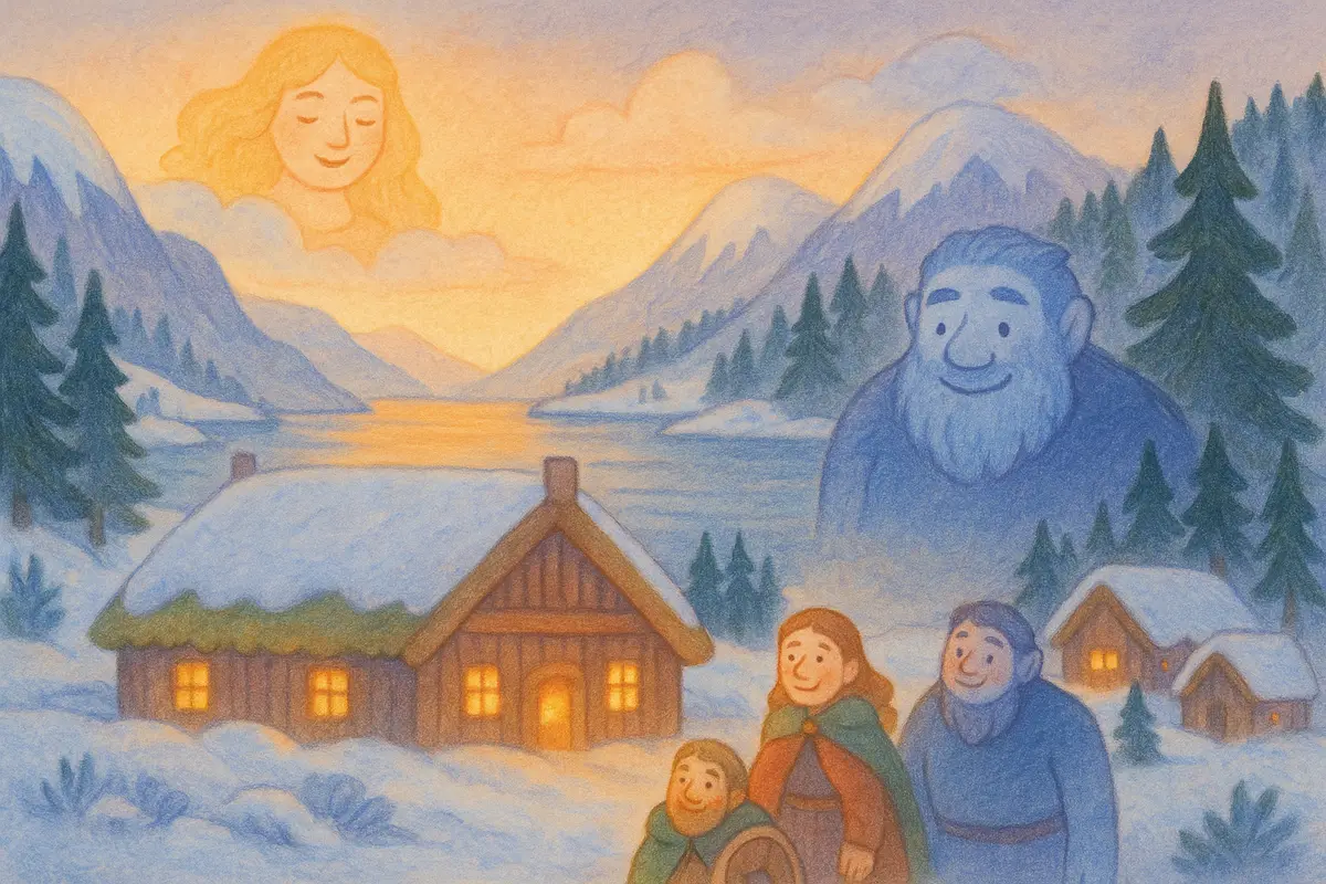 The first warm dawn over a snowy fjord village, longhouse windows glowing amber as hearth-fires relight, two heroes and a smiling frost giant arriving home.