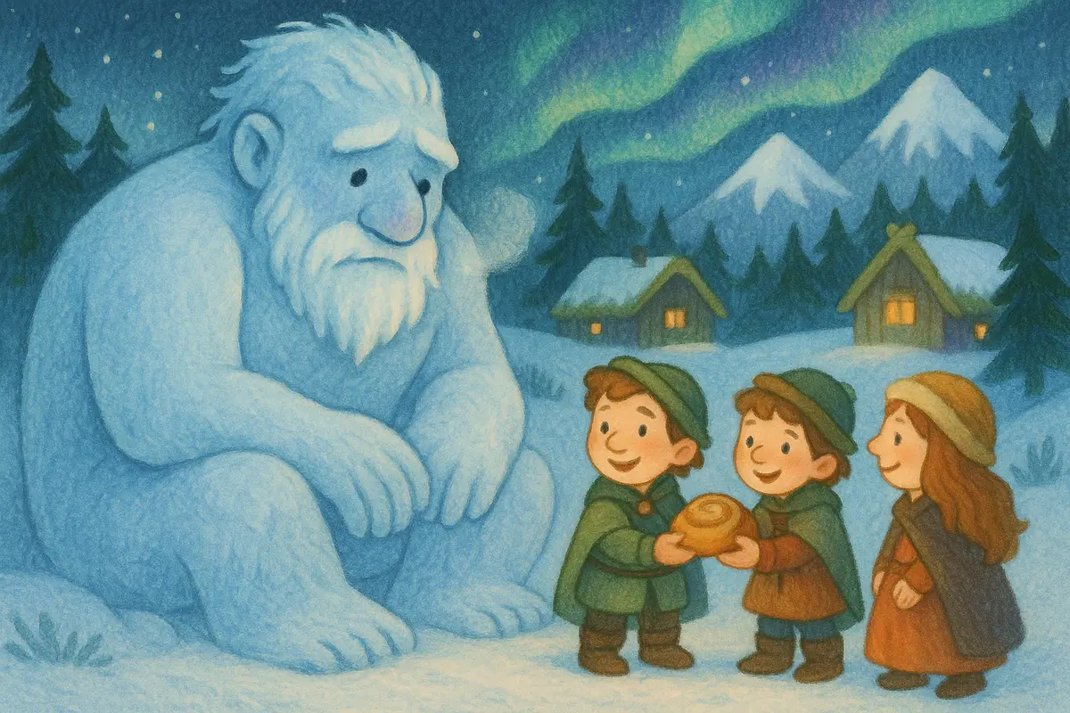 Two heroes offering a warm honey bun with kind smiles to a huge gentle frost giant of pale blue ice, sitting shy and sad rather than fierce.