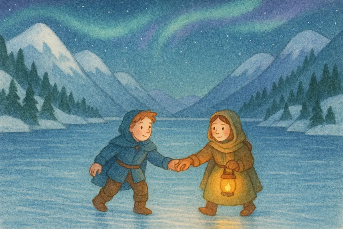 Two heroes crossing a wide sheet of silver-blue fjord ice together, stepping carefully, snowy mountains around and a warm ember glow.