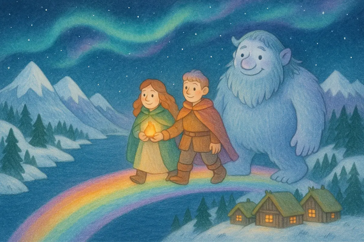 Two heroes and a now-friendly frost giant crossing a shimmering rainbow bridge into a starry sky, the heroes carrying a glowing ember.