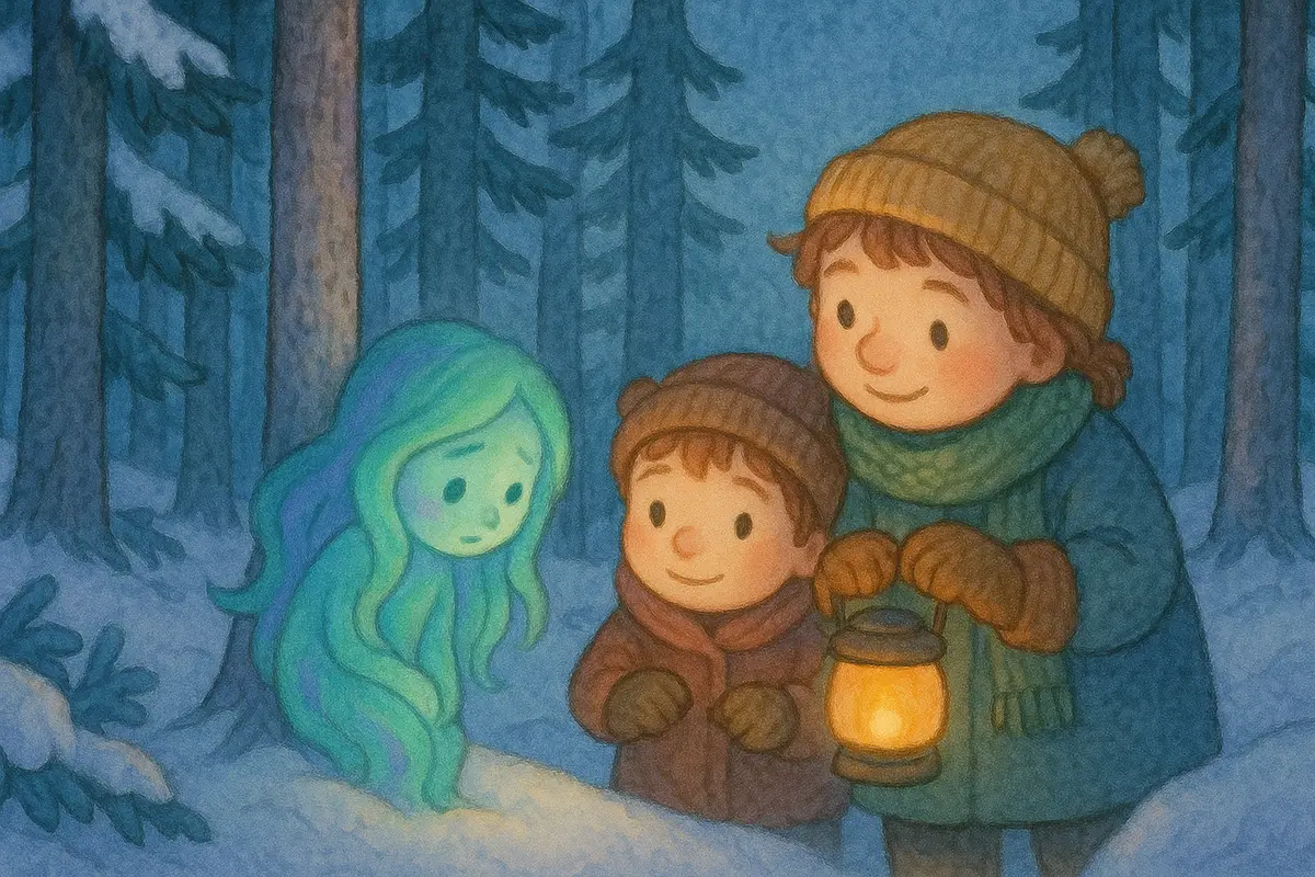 Two small heroes finding a tiny dim aurora spirit hiding among snowy pines at dusk, her light barely a glimmer.