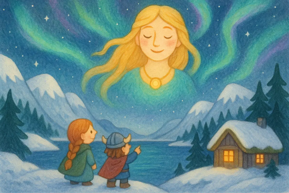A glorious aurora dancing across a starry sky over a snowy fjord, a kind goddess smiling from the stars as two heroes watch in wonder.