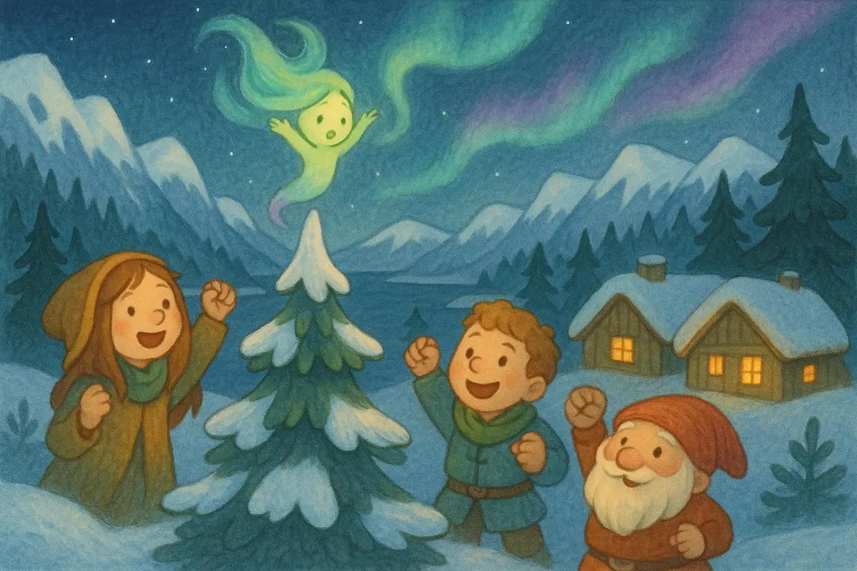 A small red-capped hearth sprite and two heroes cheering a glowing little aurora spirit as she gathers courage atop a tall snowy pine.
