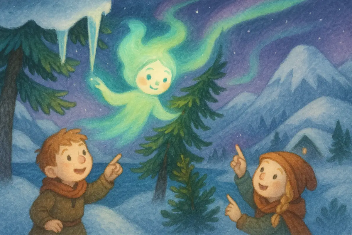 A small aurora spirit gathering back her colours from an icicle, a pine and the twilight sky, two heroes pointing them out.