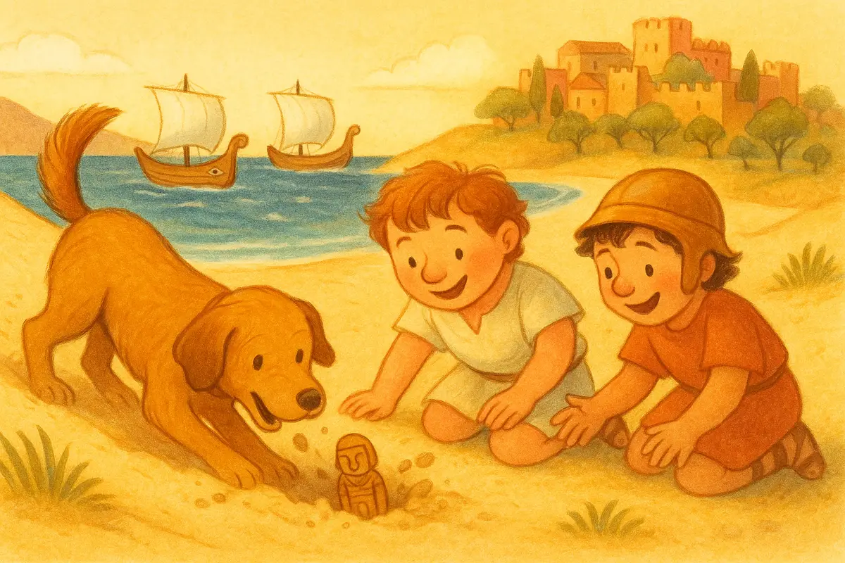 A loyal old hound gently digging a small carved keepsake out of the sand by a lonely dune, two small heroes kneeling delighted beside him.