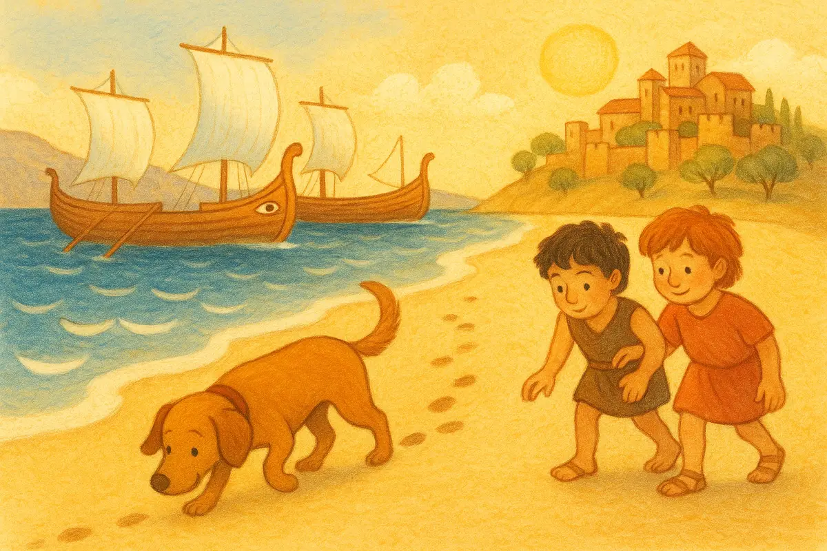 A loyal old hound nose-down following a trail along a sandy beach, two small heroes close behind reading the tracks, ships beached nearby.