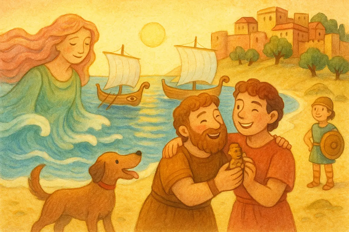 A friend joyfully reunited with a small keepsake on the beach at sunset, the old hound wagging, two small heroes smiling, a gentle sea goddess looking on from the waves.
