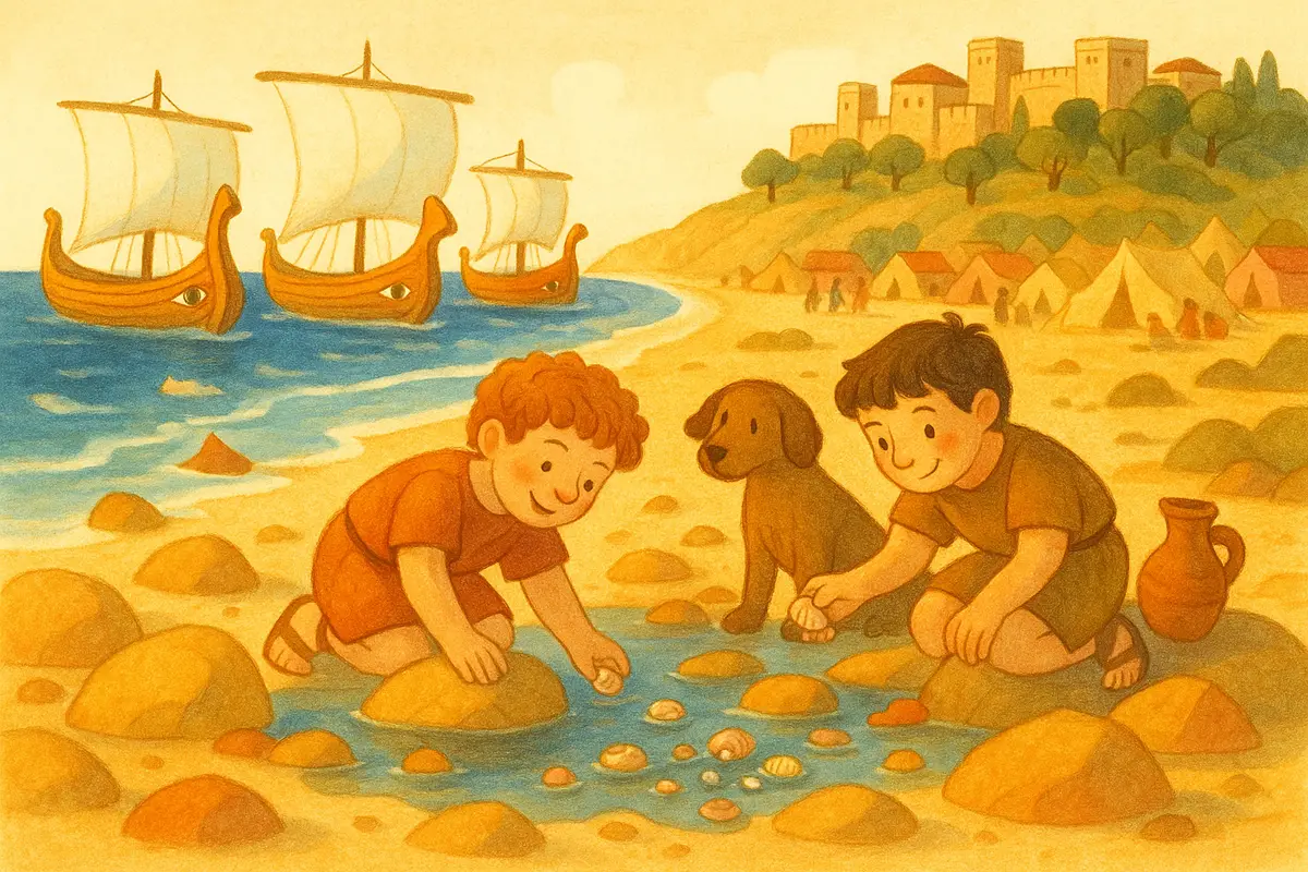 Two small heroes searching among sunlit rock pools near the beached ships, sorting shells and looking carefully, an old hound watching.