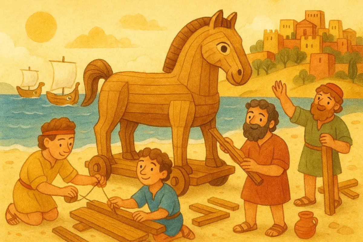 Two small heroes and friendly seafarers building a great wooden horse on the beach, measuring planks with a thread and fitting the pieces together.