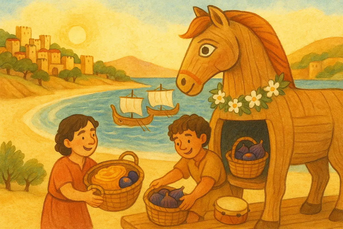 Two small heroes filling the open belly of a great wooden horse with baskets of figs, flower garlands and a little drum, smiling as they work.