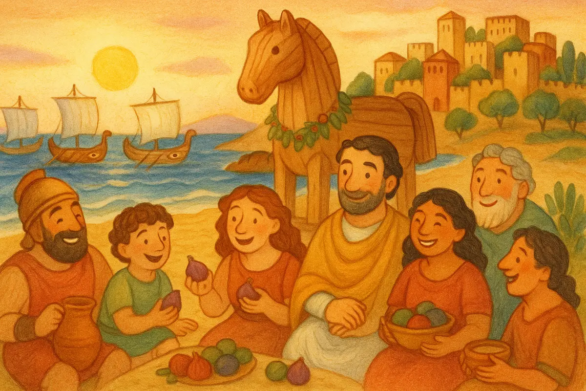 The two camps feasting together on the beach at sunset around the garlanded wooden horse, seafarers and city folk sharing figs, a bright kindly sea-captain smiling among them.
