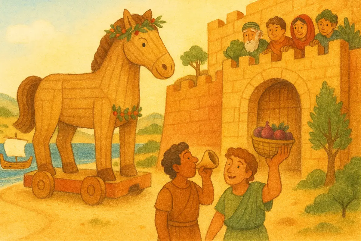 A great garlanded wooden horse at the tall gates of a honey-coloured city wall, wary city folk peeking down, two small heroes below sounding a conch and offering figs.