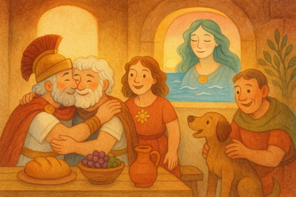 A joyful homecoming feast in a warm hall, two older heroes reunited with friends and a faithful old hound, a gentle sea goddess smiling through a window of evening light.