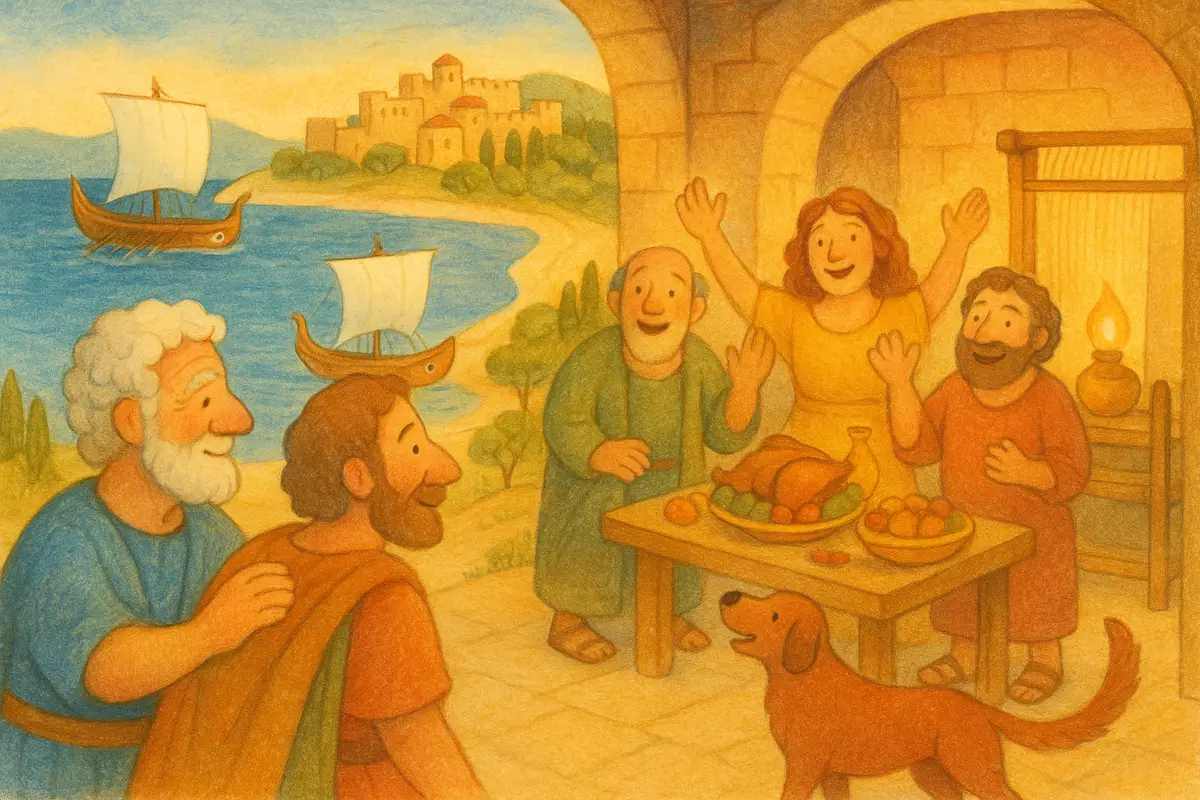 Two older heroes arriving home at a warm hall across the sea, a great loom in the lamplight and a homecoming feast being laid, old friends rising to greet them.