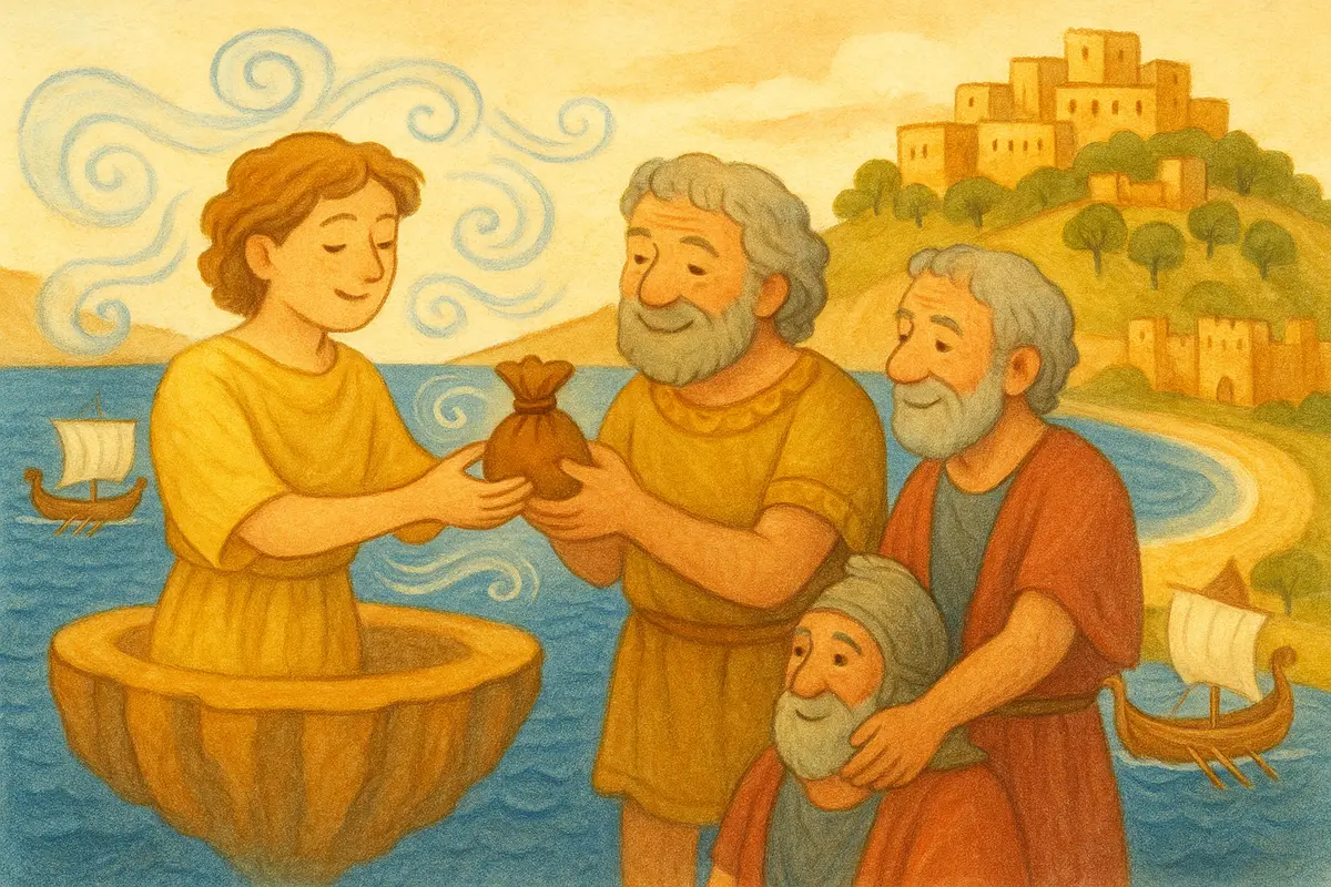 A gentle keeper of the winds on a floating bronze-cliffed island, handing two older heroes a soft leather bag holding a fair wind.