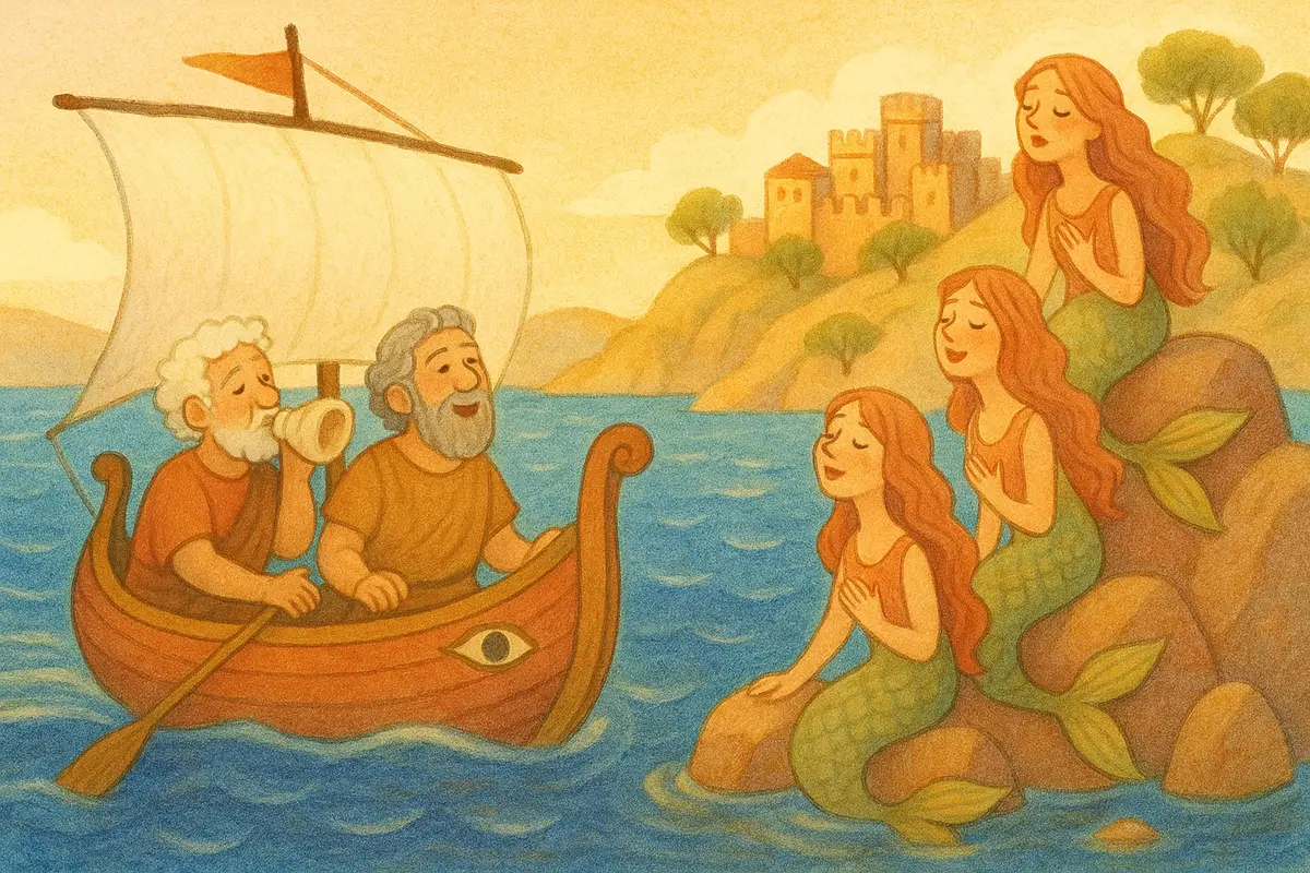 Two older heroes on a small ship near a rocky isle where gentle wistful sea-singers sing, the heroes sounding a conch and singing back kindly, the singers looking lonely rather than frightening.